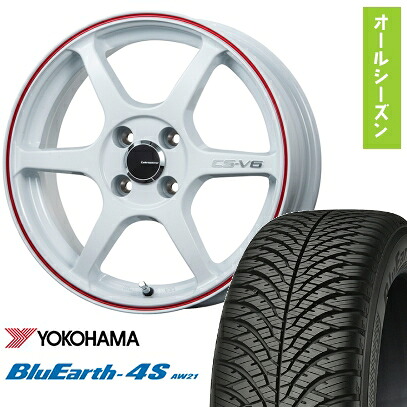 【取付対象】155/65R14 オールシーズンタイヤ ホイール4本セット N-BOX タントカスタム ワゴンR YOKOHAMA ブルーアース 4S AW21 オールシーズン LEHRMEISTER CS-V6(ホワイト/レッドライン) 14インチ【送料無料】｜アークタイヤ 店