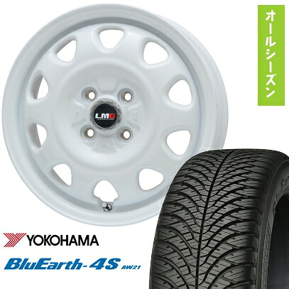 【取付対象】155/65R14 オールシーズンタイヤ ホイール4本セット N-BOX タントカスタム ワゴンR YOKOHAMA ブルーアース 4S AW21 オールシーズン LEHRMEISTER LMG OFF-STYLE(ホワイト) 14インチ【送料無料】