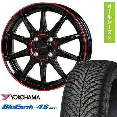 【取付対象】155/65R14 オールシーズンタイヤ ホイール４本セット 軽自動車用（N-BOX タント スペーシア） YOKOHAMA ブルーアース 4S AW21 オールシーズン ホットスタッフ ジースピード P-05R 14インチ【送料無料】