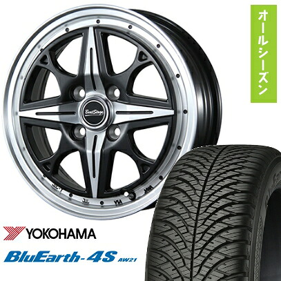 【取付対象】155/65R14 オールシーズンタイヤ ホイール４本セット 軽自動車用（N-BOX タント スペーシア） YOKOHAMA ブルーアース 4S AW21 オールシーズン ブレスト ビートステージ NS-C 14インチ【送料無料】｜アークタイヤ 店 58,380円