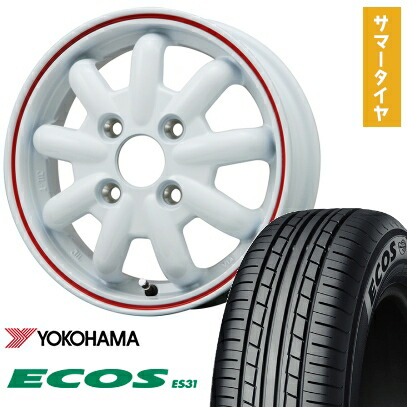 【取付対象】165/55R14 夏タイヤ ホイール4本セット YOKOHAMA エコス ES31 (4/100車用) BRANDLE-LINE ストレンジャーKST-9改(ホワイトレッドライン) 14インチ【送料無料】
