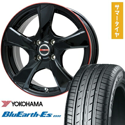 【取付対象】205/50R17 夏タイヤ ホイール4本セット YOKOHAMA ブルーアース ES32 (5/114車用) PREMIX ヴェランV(グロスブラック/レッドリム) 17インチ【送料無料】