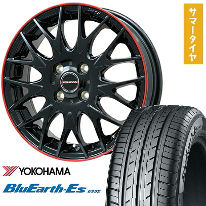 【取付対象】155/65R14 夏タイヤ ホイール4本セット N-BOX タント スペーシア YOKOHAMA ブルーアース ES32 ビッグウエイ LEYSEEN プラバ9MJrII グロスブラック/レッドリム 14インチ【送料無料】｜アークタイヤ 店