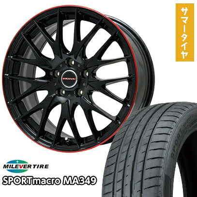 【新品国産5穴114.3車】 夏タイヤ ホイール4本セット 245/35R20 ミレバー スポーツマクロ MA349（限定） ビッグウエイ LEYSEEN プラバ9M(グロスブラック/レッドリム) 20インチ(送料無料)