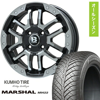 【取付対象】155/65R14 オールシーズンタイヤ ホイール４本セット 軽自動車用（N-BOX タント スペーシア） KUMHO マーシャル MH22 オールシーズン(限定) ビッグウエイ B-LUGNAS FRD(ブラックポリッシュ/ブラッククリア) 14インチ【送料無料】
