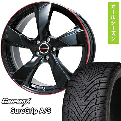 【取付対象】225/45R19 オールシーズンタイヤ ホイール4本セット GRIPMAX シュアグリップ オールシーズン(限定) (5/114車用) PREMIX ヴェランV(グロスブラック/レッドリム) 19インチ【送料無料】
