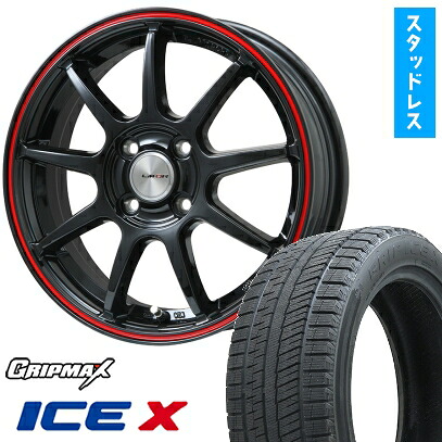 【取付対象】185/55R16 スタッドレスタイヤ ホイール4本セット 4/100車用 GRIPMAX アイスX BSW ブラックサイドウォール(限定) LEHRMEISTER LMスポーツLM-QR グロスブラック/レッドライン 16インチ(送料無料)