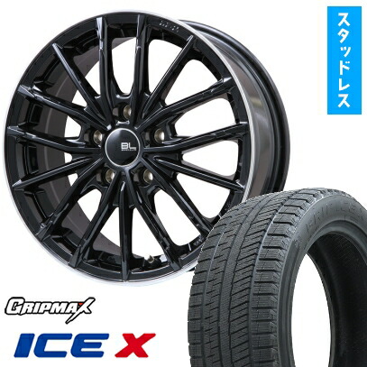 【取付対象】225/50R18 スタッドレスタイヤ ホイール４本セット 5/114車用 GRIPMAX アイスX BSW ブラックサイドウォール(限定) BRANDLE-LINE DF-10M グロスブラック/リムポリッシュ 18インチ(送料無料)