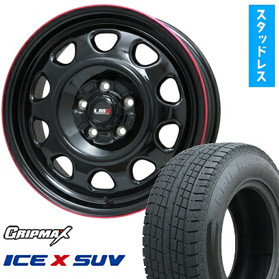 【取付対象】215/65R16 スタッドレスタイヤ ホイール４本セット アルファード/ヴェルファイア等 GRIPMAX アイスX SUV BSW ブラックサイドウォール(限定) LEHRMEISTER LMG OFF-STYLE(グロスブラック/レッドリム) 16インチ(送料無料)
