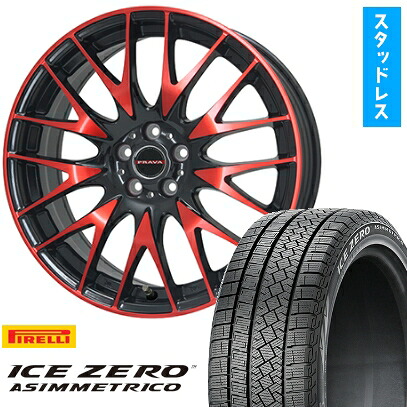 【取付対象】225/60R18 スタッドレスタイヤ ホイール4本セット PIRELLI ウィンター アイスゼロアシンメトリコ (5/114車用) BIGWAY LEYSEEN プラバ9M(レッドクリア) 18インチ【送料無料】
