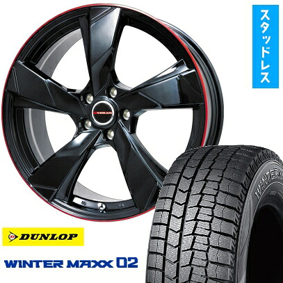 【取付対象】235/50R18 スタッドレスタイヤ ホイール４本セット 5/114車用 DUNLOP ウインターマックス 02 WM02 PREMIX ヴェランV(グロスブラック/レッドリム) 18インチ(送料無料)