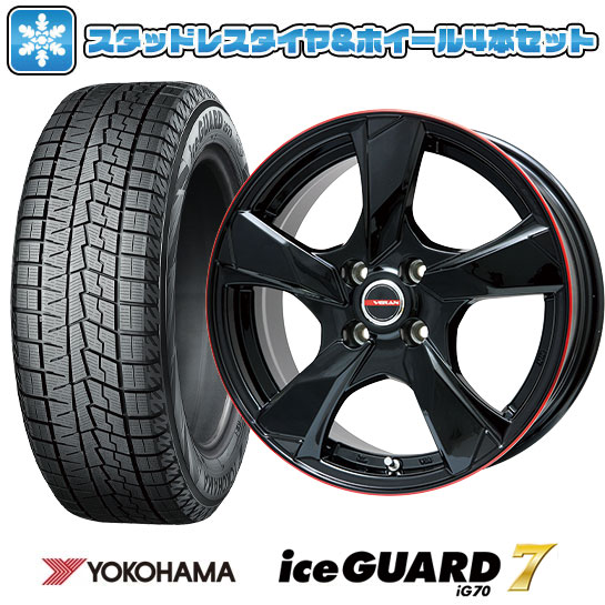 【取付対象】205/55R16 スタッドレスタイヤ ホイール4本セット オーラ YOKOHAMA アイスガード セブンIG70 PREMIX ヴェランV(グロスブラック/レッドリム) 16インチ(送料無料)|アークタイヤ 店