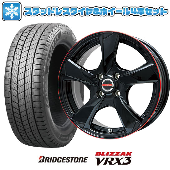 【取付対象】195/55R16 スタッドレスタイヤ ホイール４本セット 4/100車用 BRIDGESTONE ブリザック VRX3 PREMIX ヴェランV(グロスブラック/レッドリム) 16インチ(送料無料)
