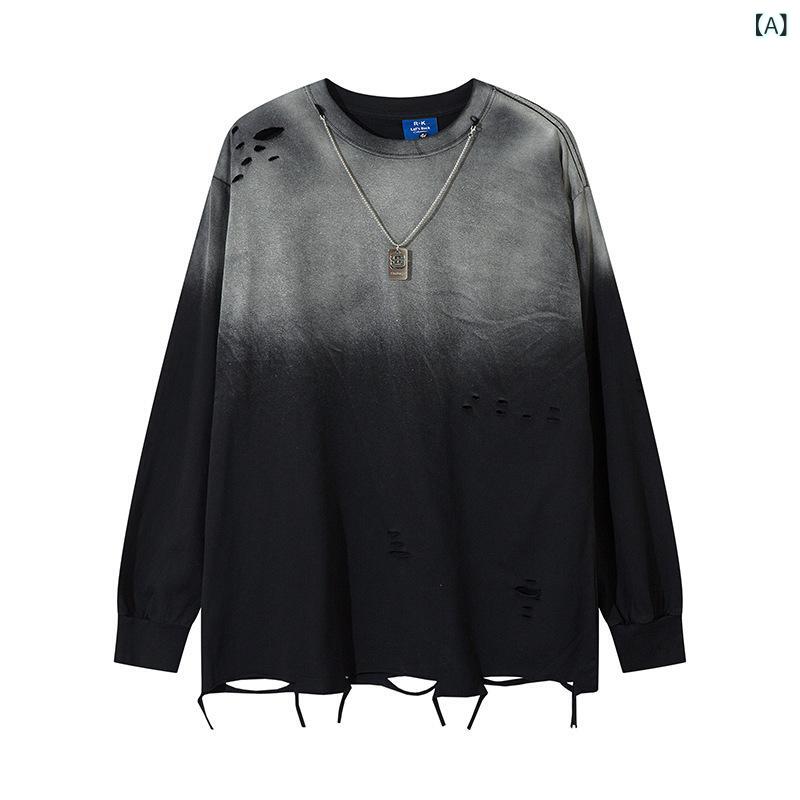 Tシャツ 男性用 ストリート系 グラデーション ダメージ加工 長袖 トップス ヒップホップ ゆったり 普段使い 綿 秋 黒 白 赤