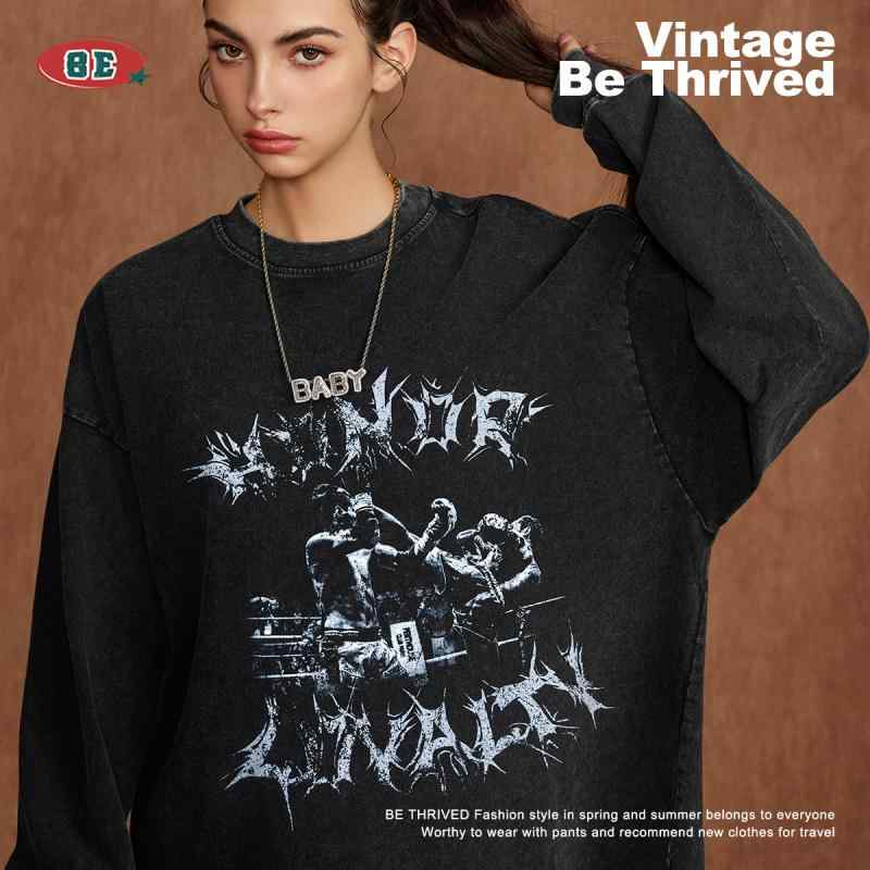 Tシャツ メンズ 男性用 トップス 長袖 ラウンドネック コットン ウォッシュ加工 ゆったり アメカジ プリント ブラック系 カジュアル 普段使い1