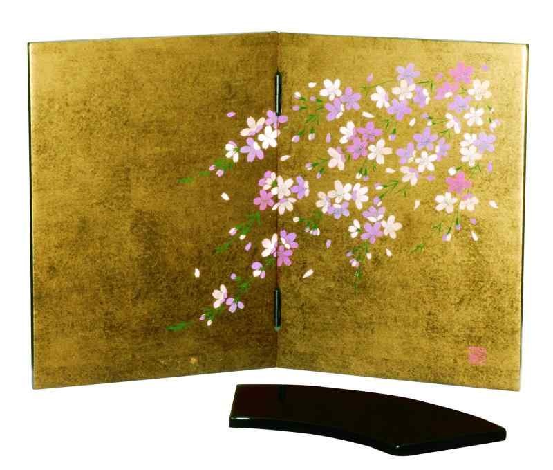 紀州のぬりもの 金箔 貼 姫 屏風 しだれ桜 金箔貼 花台付 22-87-6 衝立 屏風絵 パーティション 和 おしゃれ｜AR企画　店