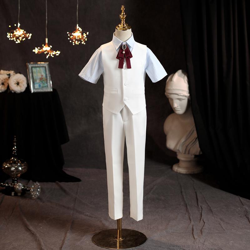 子供用フォーマルウェア 男の子用半袖礼服セット 白色 花童用衣装 ピアノ発表会 演奏会 団体衣装 短パン 長ズボン ベスト付き 4点セット 吊りバンド付き 英国風画像