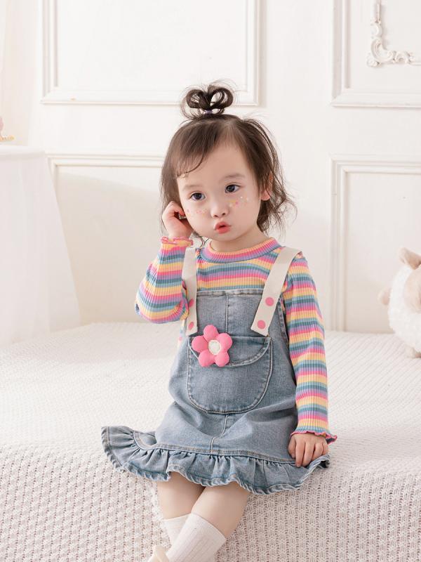 トップス 子供服 女の子 ベビー服 春秋冬 長袖 デニムサロペットスカート ニットトップス 2点セット かわいい 花柄 フリル おしゃれ カジュアル 韓国風 80cm 90cm 100cm 110cm 幼児用 1歳 2歳 3歳 綿混