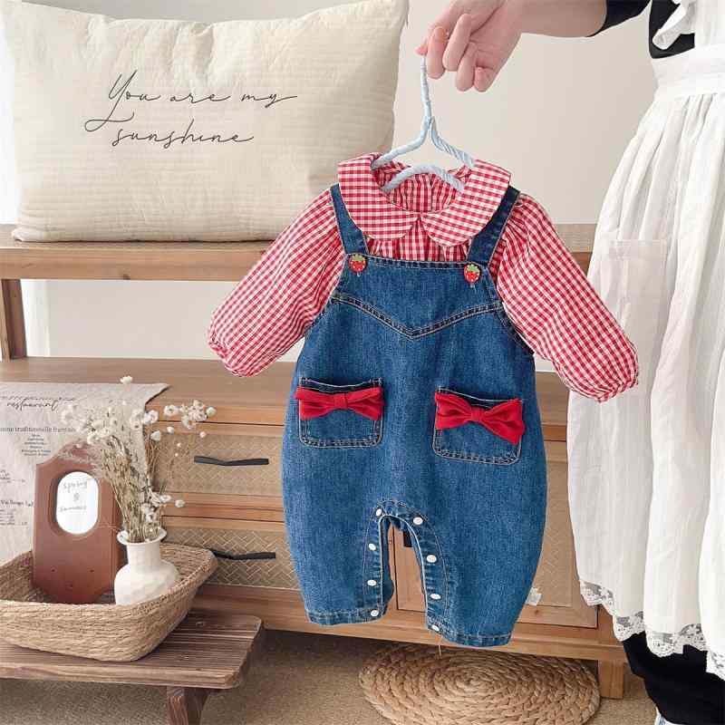 トップス 長袖 シャツ 子供服 女の子 キッズ ベビー 幼児 服 春秋 セットアップ 蝶ネクタイ デニム ジャンパースカート 格子柄 かわいい おしゃれ カジュアル デイリー 普段使い お出かけ 通園 通学 80cm 90cm 100cm 綿 コットン
