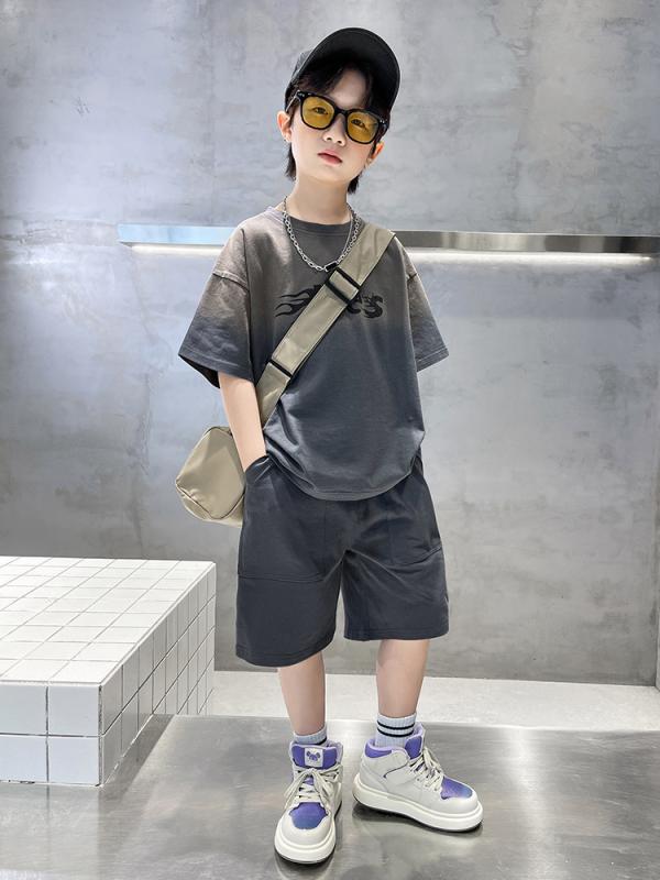男童 夏季 短袖 套装 ?? 薄款 中大童 ?气 ?髦 潮 潮 字母 棉 柔??理 灰色 排水