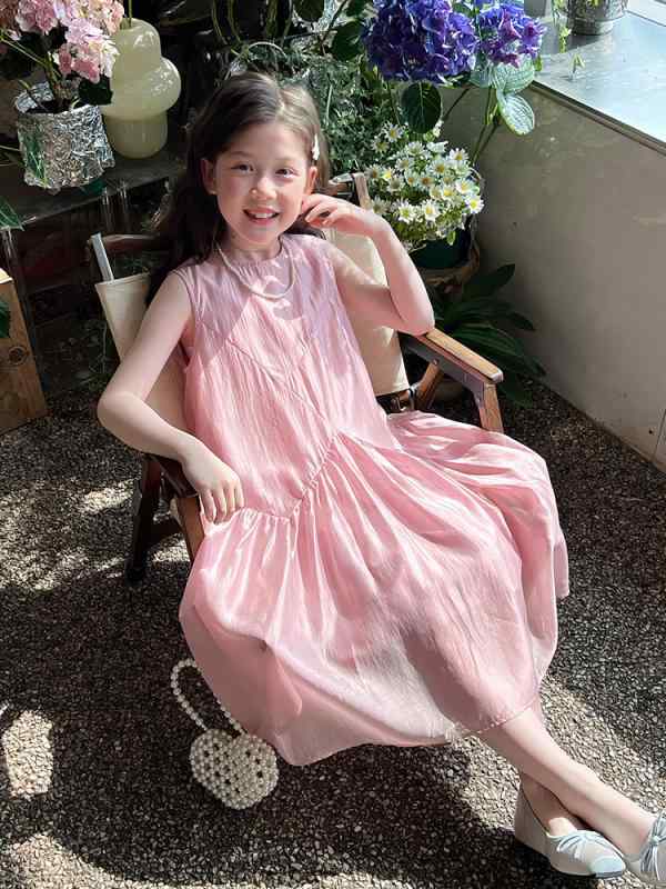 ワンピース 子供用 女の子 サテン ノースリーブ プリンセス ロング丈 夏物 新作 かわいい おしゃれ 発表会 結婚式 フォーマル カジュアル 普段使い 柔らかい素材 A字スカート ピンク系 8歳以上 140cm以上 110cm 120cm 130cm