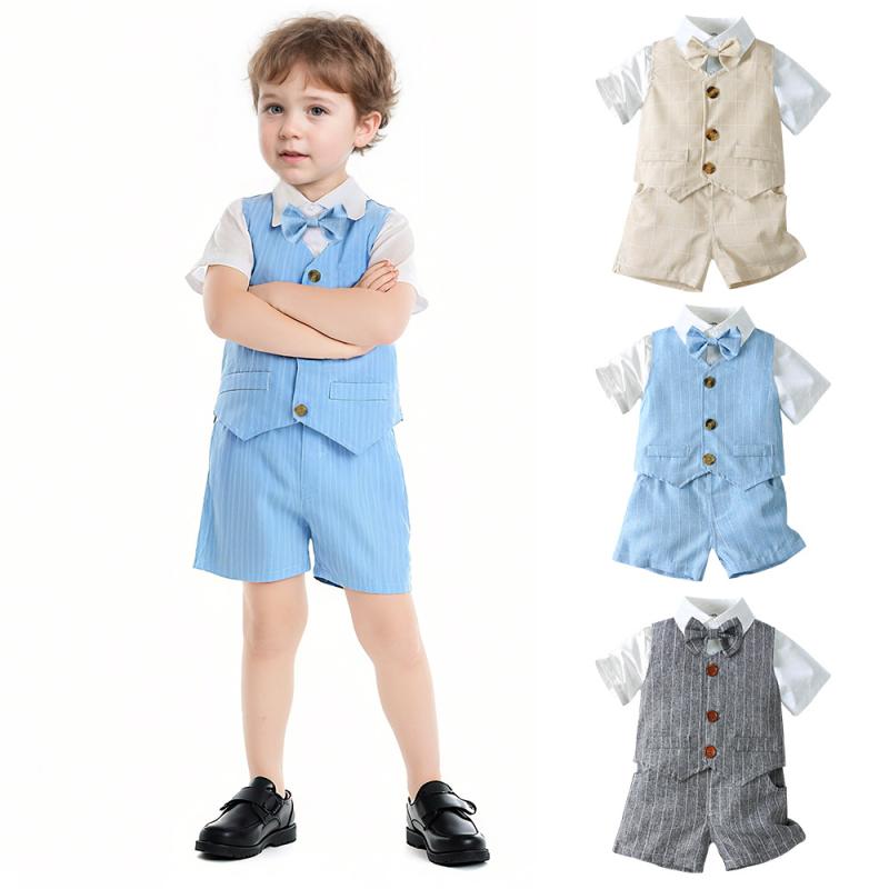 男の子 夏用 トップス Tシャツ ハーフパンツ 3点セット ストライプ柄 ベスト風 半袖シャツ カジュアル 短パン セットアップ 通気性 綿100% 通気性 吸湿速乾 軽量 涼しい 快適 普段使い お出かけ用 運動会 公園遊び 80cm 90cm 100