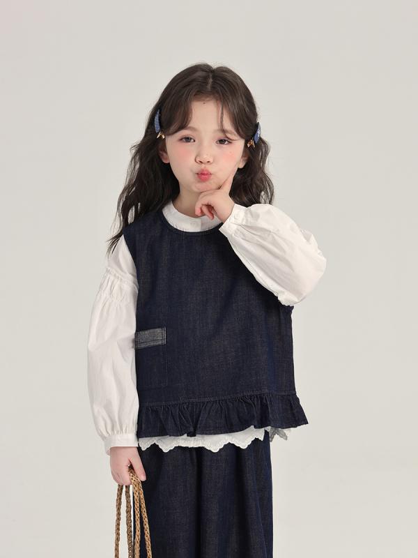 子供用トップス＆ボトムス セットアップ 女の子用 春夏秋用 ノースリーブ デニムベスト ロングパンツ 花柄レース切り替え かわいい系 カジュアルスタイル 綿混素材