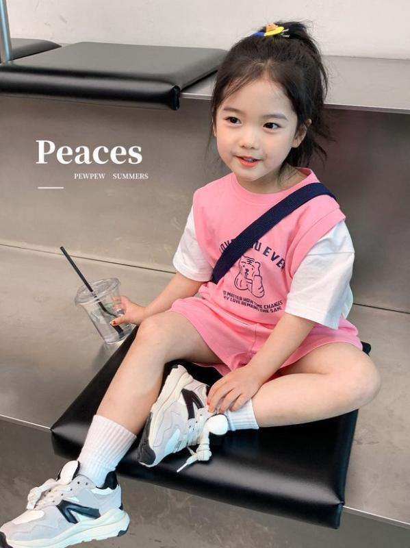 女童 夏季 儿童 短袖 T恤 休? 短? 套装 公主 潮范 ・柑通 字母 ?帽 ?套装 粉色 80-160cm