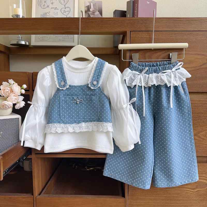 女童 波点 牛仔 三件套 ?套装 ?尚 可? 100cm 110cm 120cm 130cm 140cm 化??混? 聚??? 柔??理 ?袖 套? ?袖 套?衫 休? 日常 跨境?商(x3)