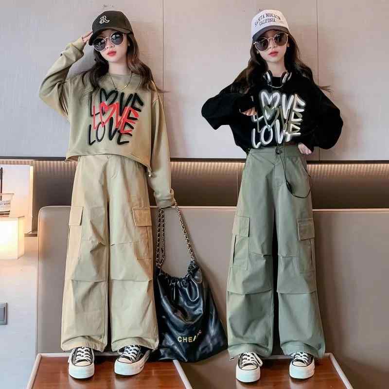 女の子 秋服 セットアップ 洋装 おしゃれ カジュアル 工装パンツ 2点セット 春秋用 長袖 ポリエステル製 長袖 120cm 130cm 140cm 150cm 160cm 170cm ポリエステル 綿混 幼稚園 保育園 小学校 中学校 通学用 普段使