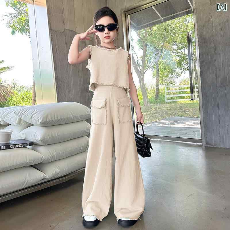 子供服 女の子 夏服 セットアップ スタイル 韓流 ファッション ワイドパンツ ノースリーブ 上下セット 8歳以上 140cm以上 通学用 普段使い 柔らかい 薄手 無地 カジュアル おしゃれ かわいい 2025年 夏物 120cm 130cm 14