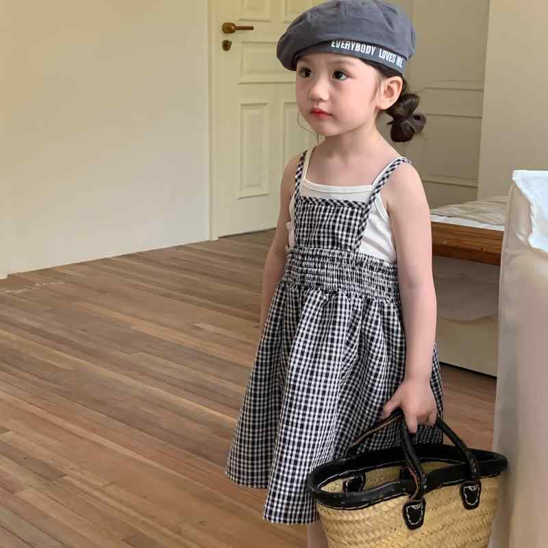 夏物 子供服 女の子用 格子柄 サマードレス＆タンクトップ 2点セット キッズ ベビー 薄手 清涼感 通気性 綿素材 柔らかい肌触り 3歳 4歳 5歳 6歳 7歳 8歳 90cm 100cm 110cm 120cm 130cm 140cm