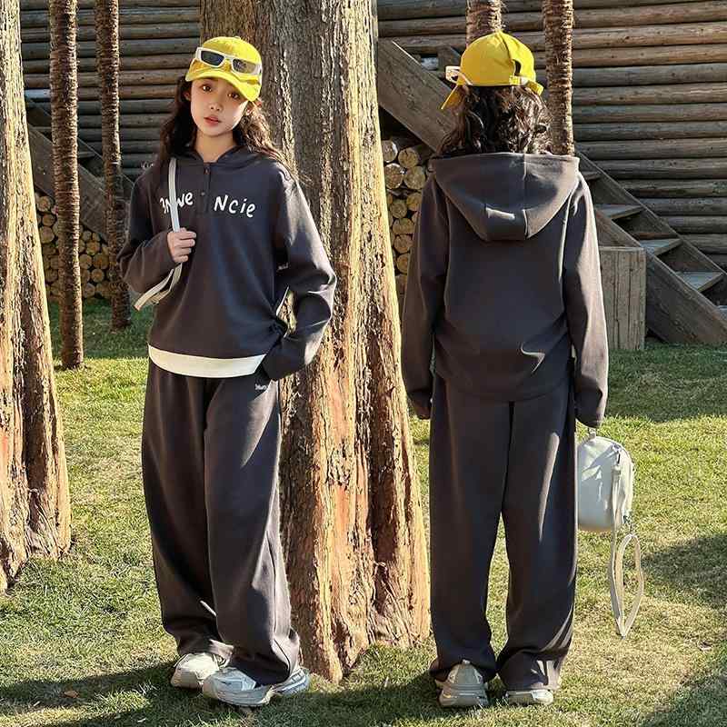 子供服 女の子 トレーナー ズボン セットアップ 春 秋 長袖 フード付き ワイドパンツ カジュアル スポーツウェア 部屋着 普段着 運動着 綿素材 グレー 140cm 150cm 160cm 170cm 180cm