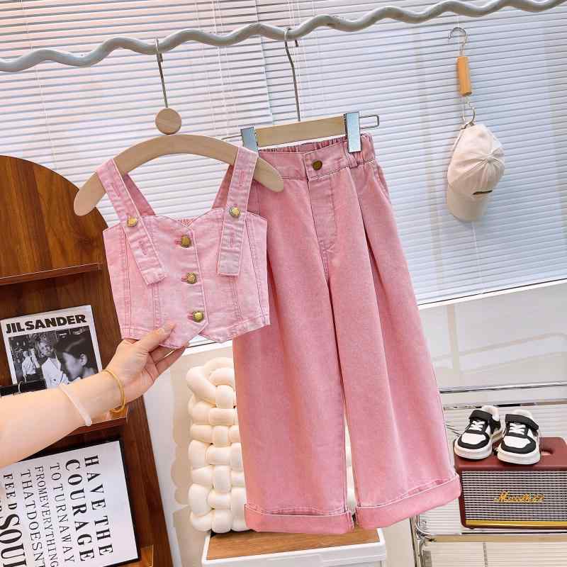 子供用 デニム セットアップスタイリッシュデニムノースリーブトップス＆ストレートパンツ2点セット 上品キュート 3歳から8歳向け 100cmから140cm対応 夏用 快適素材 軽量 通気性 柔らかい肌触り ピンク系 室内着用 アウトドア着用 普段使い 上(x3) 6,221円