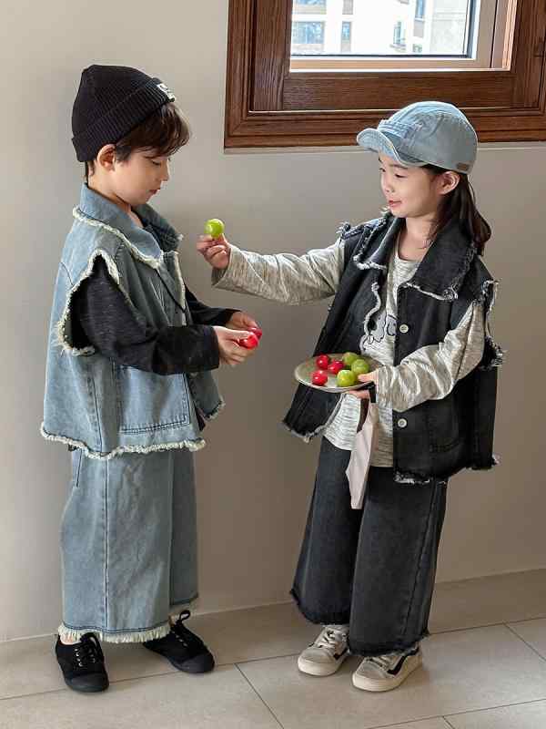 子供服 デニムベスト 長ズボン セットアップ 春物 ノースリーブ 2点セット 男の子 女の子 90cm 100cm 110cm 120cm 130cm 140cm 綿 コットン カジュアル かわいい おしゃれ 普段使い 柔らかい加工