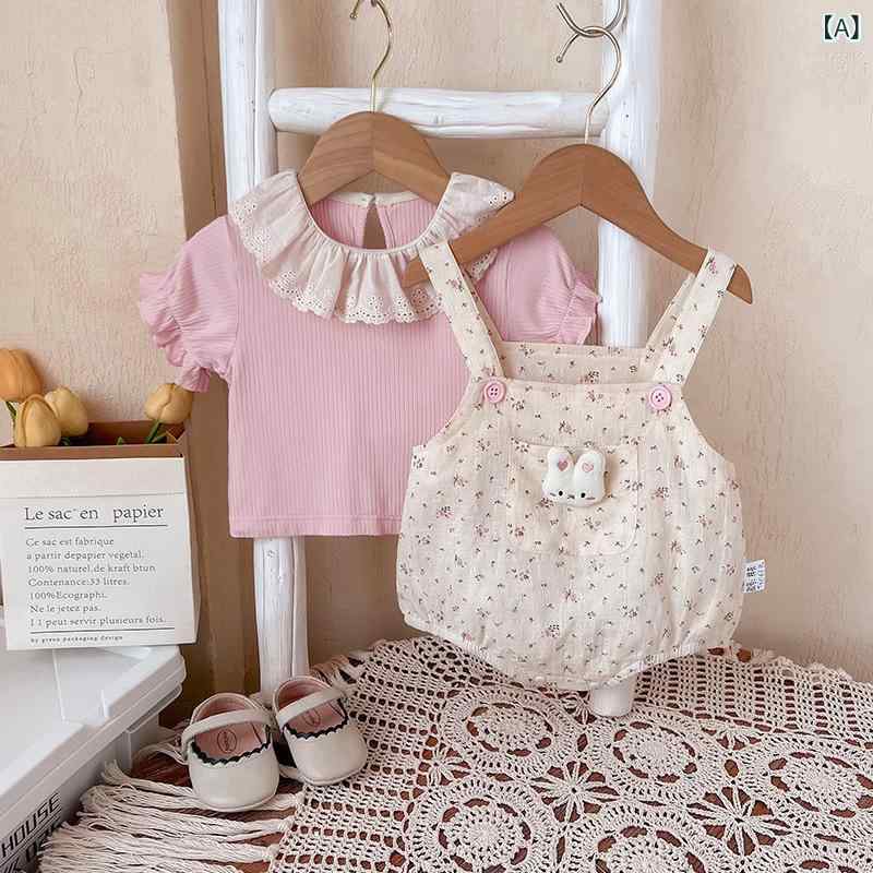 ベビー服 女の子 花柄 サロペット＆半袖トップス 2点セット 夏用 薄手 ロンパース 洋風 かわいい おしゃれ 上下セット 快適 通気性 柔らかい 綿素材 66cm 73cm 80cm 90cm 幼児用