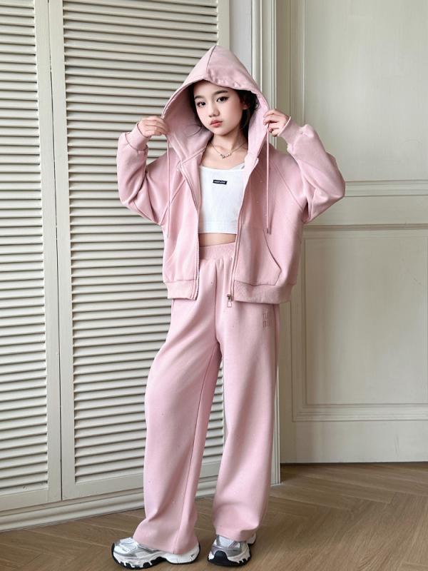 女の子 子供服 春物 2025年新作 おしゃれ かわいい 銀ラメ フード付き カーディガン トレーナー ジャージ 運動着 上下セットアップ ２点セット カジュアル スポーティ 女の子用 ８歳以上 １４０ｃｍ以上 春秋 長そで 長袖 上着 ジップアップ 子