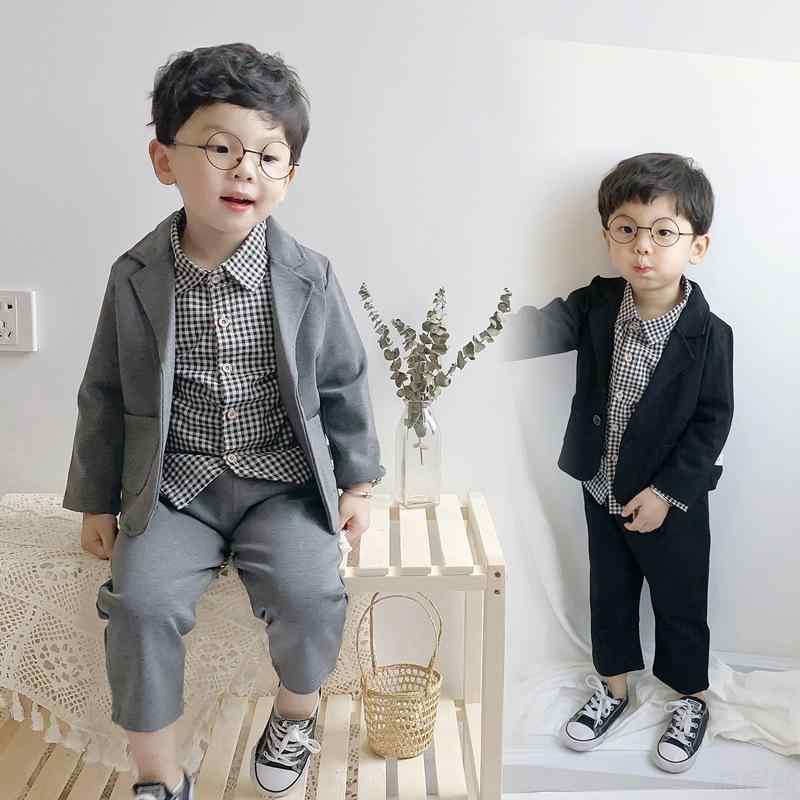 男童 童装 ?版 儿童 秋装 格子 ?衫 ?袖 西装外套 ?排扣 西服 套装 ?幼童 80cm 100cm 棉 柔??理 2022年 秋季 棉 灰色 黒色