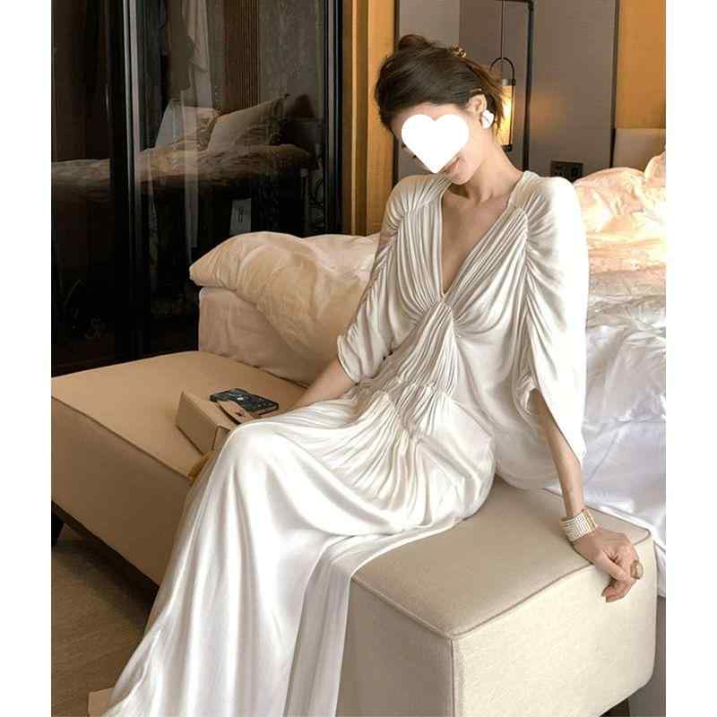 衣装 レディース 白衣装 A生産ライン Vのど首 七分袖 膝下丈 マキシ丈 褶?  夏 海 たまり場 旅する 街頭