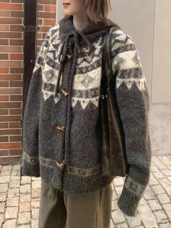 編み物ジレー レディース 秋冬 韓国 フェアアイル柄 幾何学学飾りつけ ボンネット付き添い人 長袖 アクリル樹脂 ゆったり 薄墨色 編み物 カーデガン トップス 羽織り3