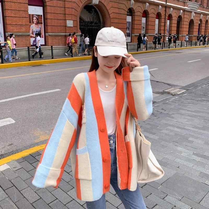 編み物ジレー レディース 歳月 韓国 Vのど首 縞模様 真っただ中丈 ゆったり オレンジ色 さくら色系 心地よい 普段使い走り3
