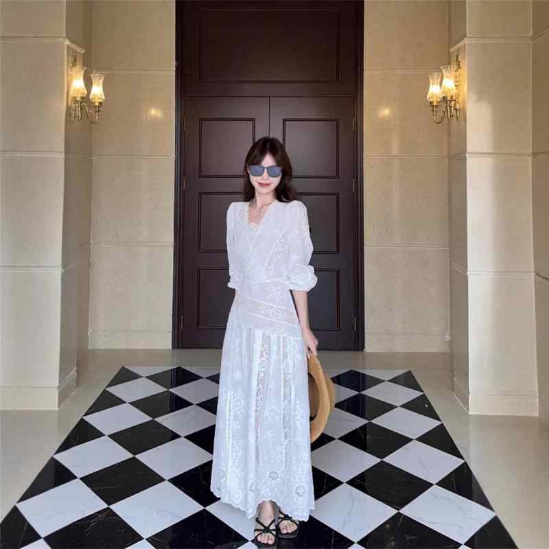 衣裳 レディース 花柄 A伝達ルート 長袖 ロング丈 Vのど首 綿織物 韓国 ゆったり 愛くるしげ 着痩せ 今めかしい 心地好い 春夏