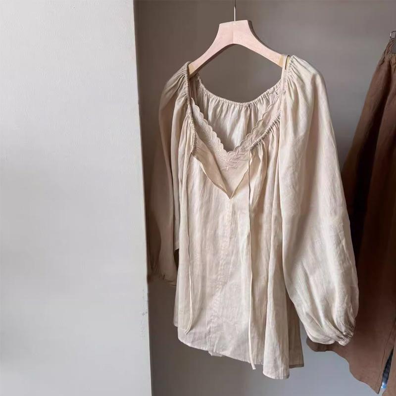 プルオーバー レディース 提灯捩り 刺しゅう レトロ風 2点仕掛ける ポリエステル 杏色 S M L XL ゆったり ラウンドのど首 好いたらしい 当たること冷感 普段使い走り 会う約束3