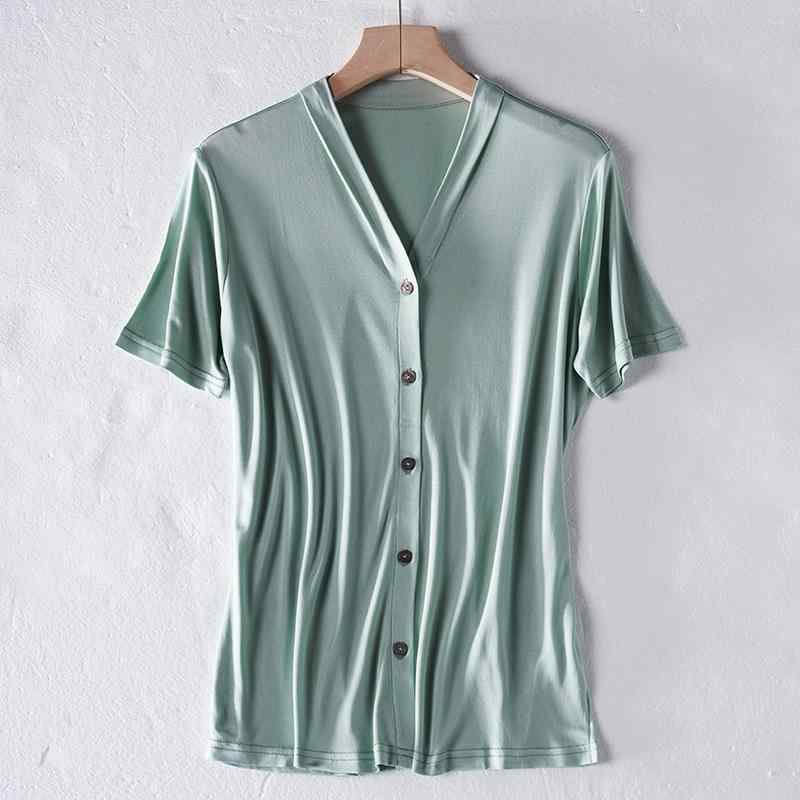 Tシャツ レディース 半袖 ニット Vネック 接触冷感 ゆったり トップス ピンク系 ブラック パープル 豆グリーン3｜AR企画　店