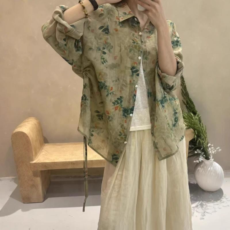 シャツ レディース 春夏 フレンチ レトロ 花柄 ブラウス 長袖 トップス 麻 リネン ゆったり 文芸風 おしゃれ かわいい 日焼け防止3｜AR企画　店