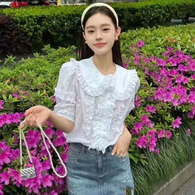 プルオーバー レディース 半袖 綿織物 白 トップ お人形さん襟 姫袖 心地よい 愛くるしげ トップス 通い 普段使い