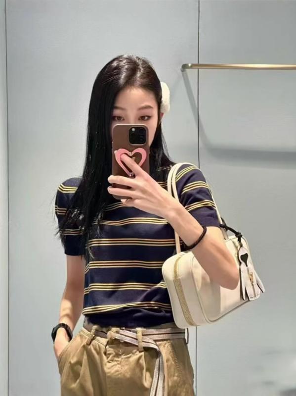 編み物 レディース 春 スポーツシャツ 色彩設計 縞模様 襟 半袖 トップス 薄っぺら 毛糸 綿 ティーシャツ 名媛風 紺