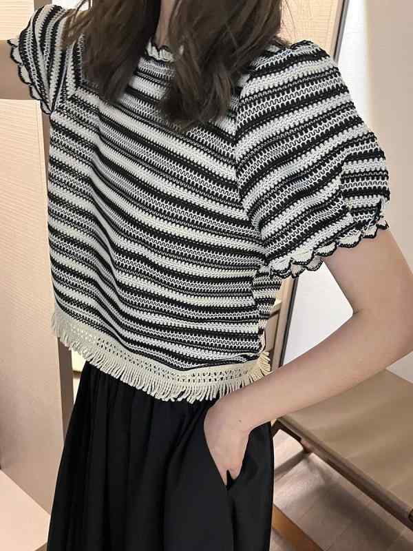 編み物 レディース  トップス 縞模様 ポロ襟 姫御前袖 ノースリーブ 麻 ニットソー 当たること冷感 裏地なし 角袖巡査 名媛