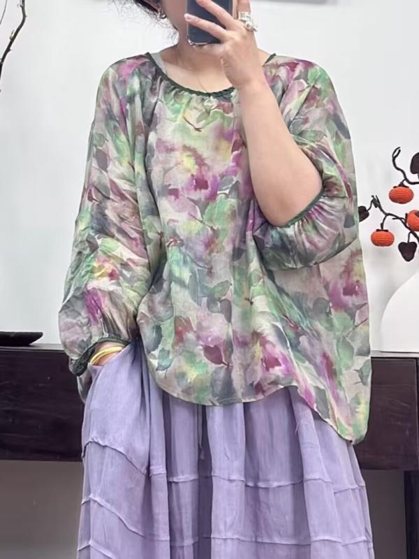 プルオーバー レディース 上衣 麻 リネン 春夏 半袖 七分袖 花柄 ゆったり ラウンドのど首 レトロ トップ トップス カットソー 愛くるしげ3