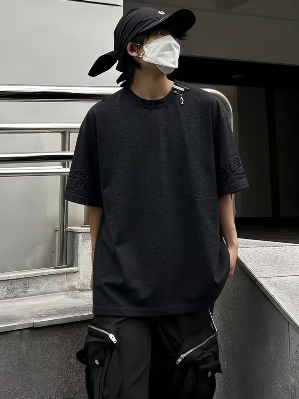 プルオーバー 成人男性用 半袖 綿織物 トップス 水洗いする 黒いこと系 ゆったり ラウンドのど首 金属元素かざり付ける 不都合産業 春夏